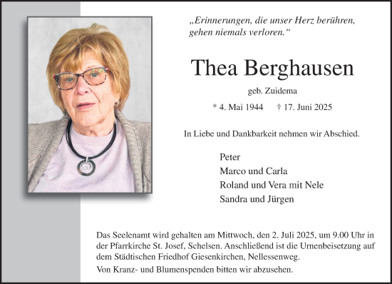 Traueranzeige von Thea Berghausen von trauer.extra-tipp-moenchengladbach.de