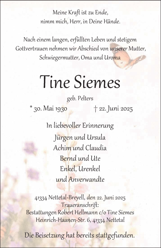 Traueranzeige von Tine Siemes von trauer.extra-tipp-moenchengladbach.de