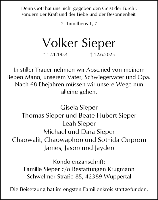 Traueranzeige von Volker Sieper von trauer.wuppertaler-rundschau.de