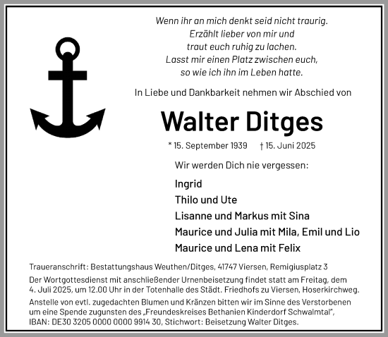 Traueranzeige von Walter Ditges von trauer.extra-tipp-moenchengladbach.de