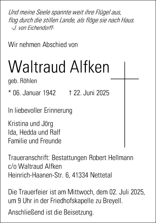Traueranzeige von Waltraud Alftken von trauer.extra-tipp-moenchengladbach.de