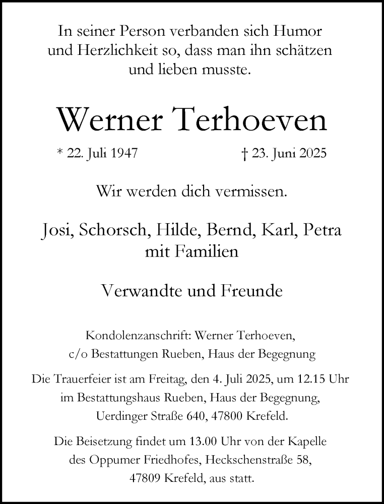  Traueranzeige für Werner Terhoeven vom 29.06.2025 aus trauer.extra-tipp-moenchengladbach.de