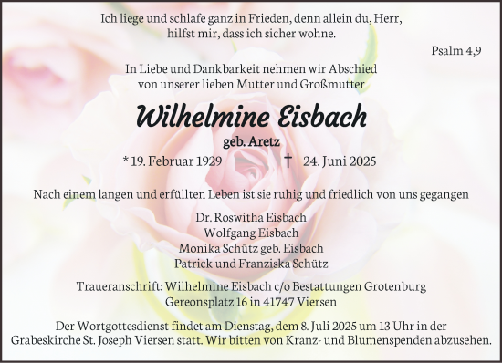 Traueranzeige von Wilhelmine Eisbach von trauer.extra-tipp-moenchengladbach.de