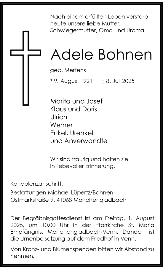 Traueranzeige von Adele Bohnen von trauer.extra-tipp-moenchengladbach.de
