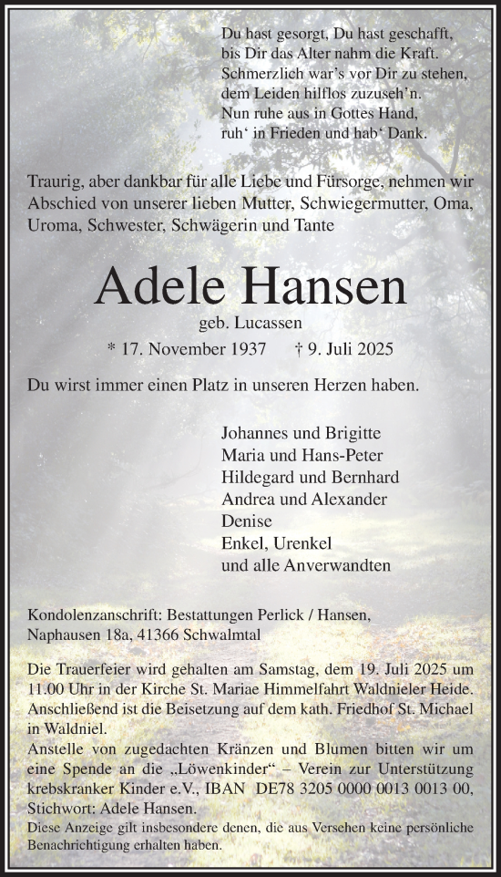 Traueranzeige von Adele Hansen von trauer.extra-tipp-moenchengladbach.de