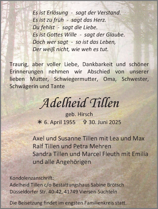 Traueranzeige von Adelheid Tillen von trauer.extra-tipp-moenchengladbach.de