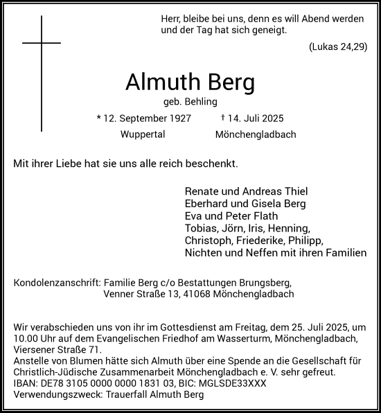 Traueranzeige von Almuth Berg von trauer.extra-tipp-moenchengladbach.de