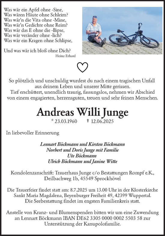 Traueranzeige von Andreas Willi Junge von trauer.wuppertaler-rundschau.de