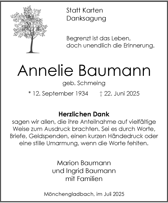 Traueranzeige von Annelie Baumann von trauer.extra-tipp-moenchengladbach.de