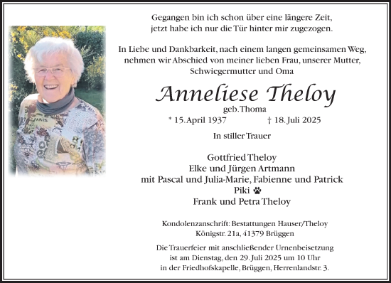 Traueranzeige von Anneliese Theloy von trauer.extra-tipp-moenchengladbach.de