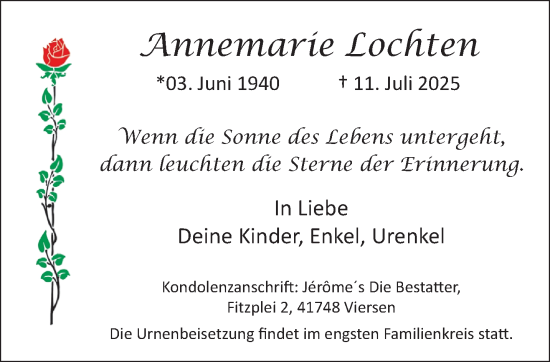 Traueranzeige von Annemarie Lochten von trauer.extra-tipp-moenchengladbach.de