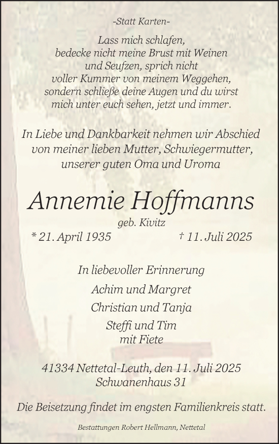 Traueranzeige von Annemie Hoffmanns von trauer.extra-tipp-moenchengladbach.de