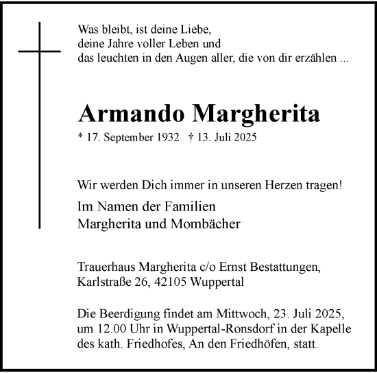 Traueranzeige von Armando Margherita von trauer.wuppertaler-rundschau.de