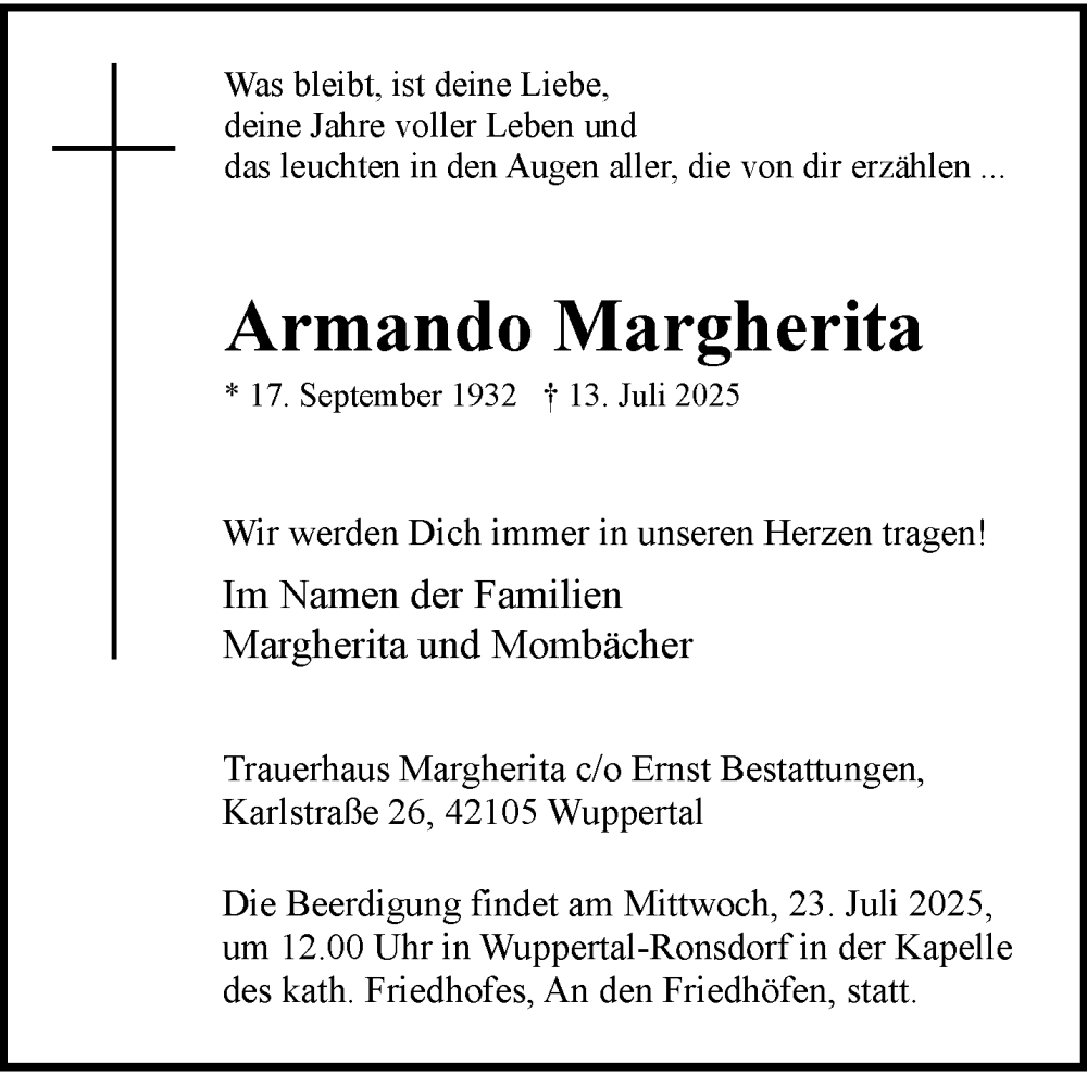  Traueranzeige für Armando Margherita vom 19.07.2025 aus trauer.wuppertaler-rundschau.de