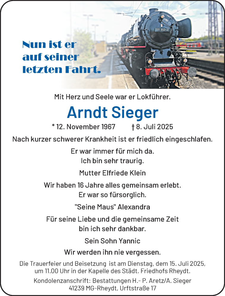  Traueranzeige für Arndt Sieger vom 13.07.2025 aus trauer.extra-tipp-moenchengladbach.de