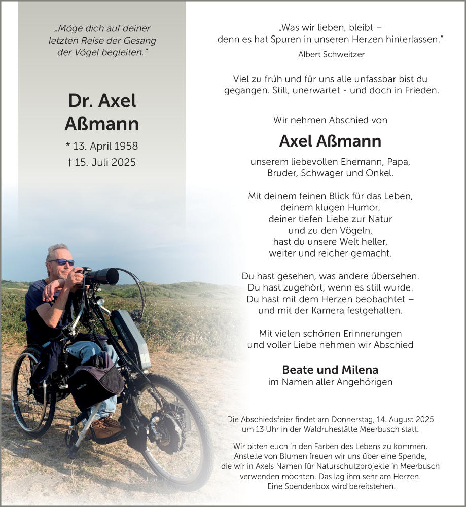  Traueranzeige für Axel Aßmann vom 27.07.2025 aus trauer.extra-tipp-moenchengladbach.de
