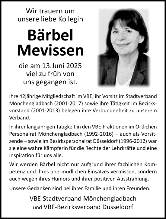 Traueranzeige von Bärbel Mevißen von trauer.extra-tipp-moenchengladbach.de