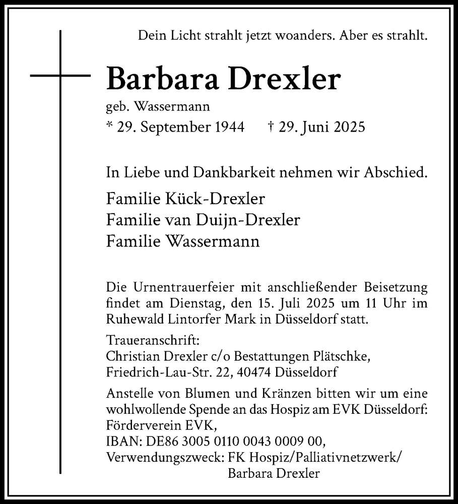  Traueranzeige für Barbara Drexler vom 06.07.2025 aus trauer.extra-tipp-moenchengladbach.de