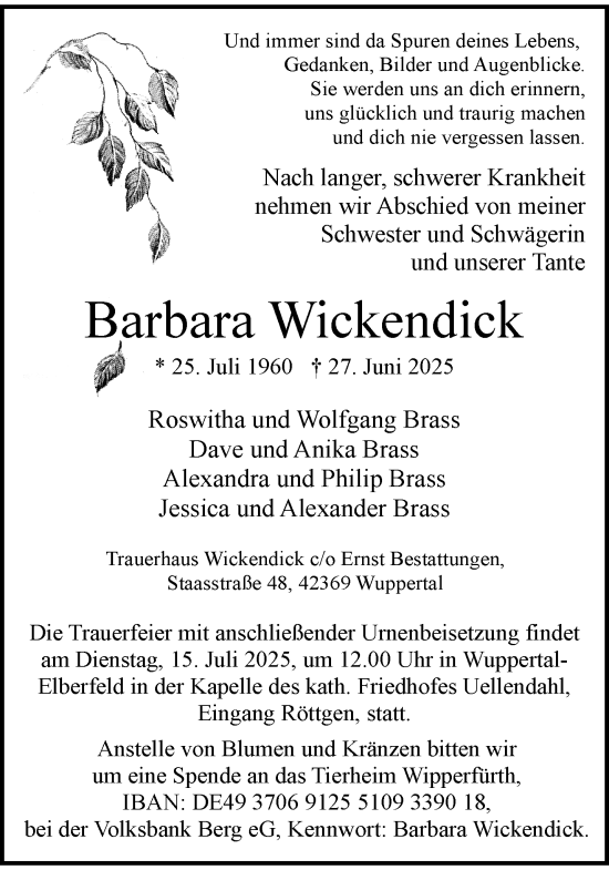 Traueranzeige von Barbara Wickendick von trauer.wuppertaler-rundschau.de