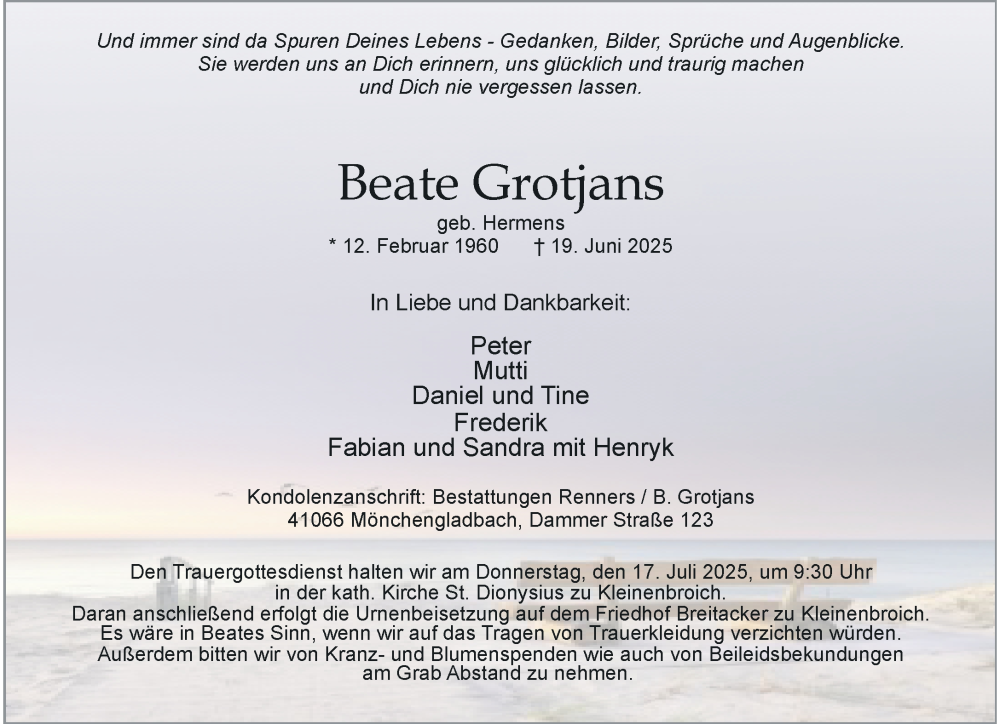  Traueranzeige für Beate Grotjans vom 06.07.2025 aus trauer.extra-tipp-moenchengladbach.de