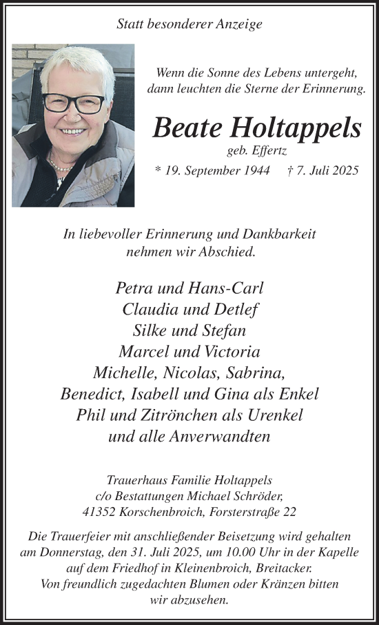 Traueranzeige von Beate Holtappels von trauer.extra-tipp-moenchengladbach.de