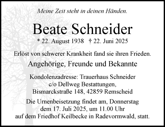 Traueranzeige von Beate Schneider von trauer.wuppertaler-rundschau.de