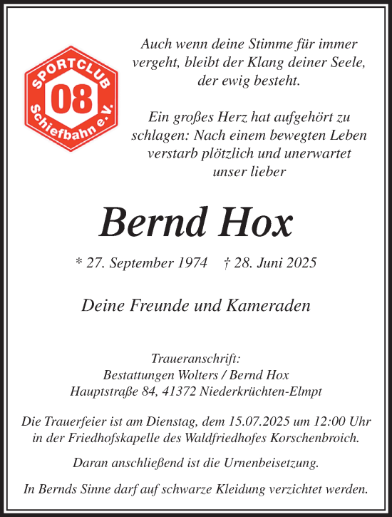 Traueranzeige von Bernd Hox von trauer.extra-tipp-moenchengladbach.de