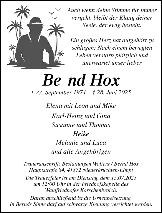 Traueranzeige von Bernd Hox von trauer.extra-tipp-moenchengladbach.de