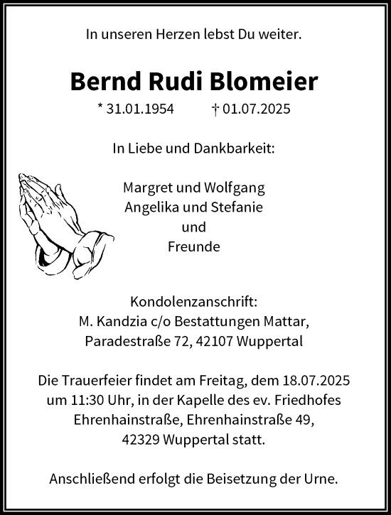 Traueranzeige von Bernd Rudi Blomeier von trauer.wuppertaler-rundschau.de