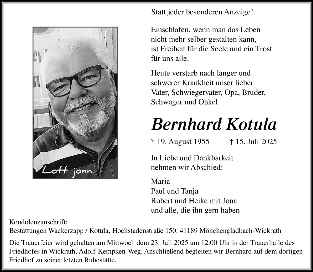  Traueranzeige für Bernhard Kotula vom 20.07.2025 aus trauer.extra-tipp-moenchengladbach.de