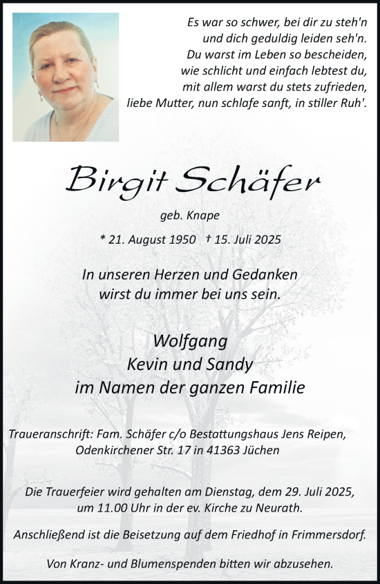 Traueranzeige von Birgit Schäfer von trauer.stadt-kurier.de