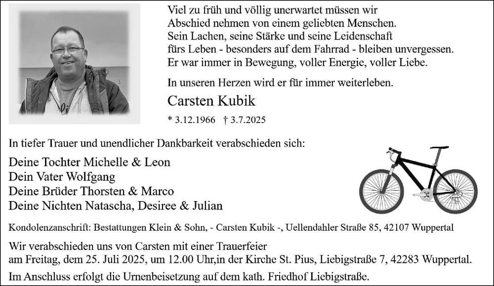  Traueranzeige für Carsten Kubik vom 19.07.2025 aus trauer.wuppertaler-rundschau.de