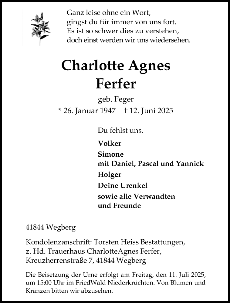  Traueranzeige für Charlotte Agnes Ferfer vom 06.07.2025 aus trauer.extra-tipp-moenchengladbach.de