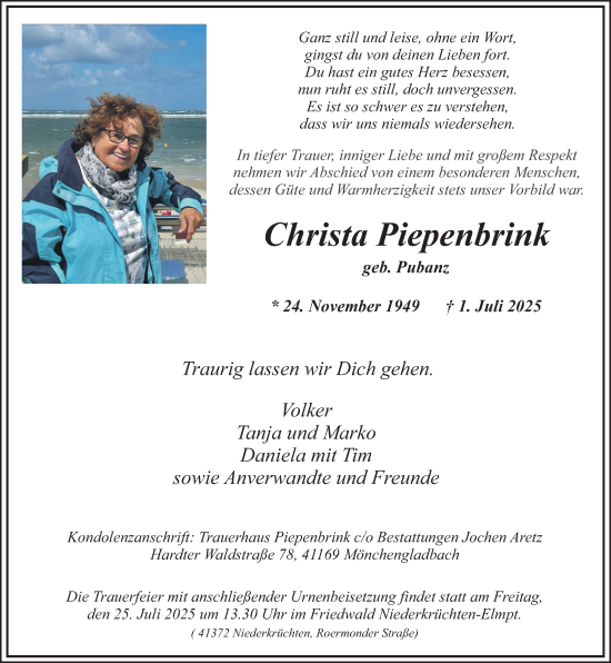 Traueranzeige von Christa Piepenbrink von trauer.extra-tipp-moenchengladbach.de