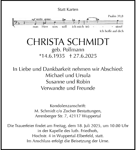 Traueranzeige von Christa Schmidt von trauer.wuppertaler-rundschau.de