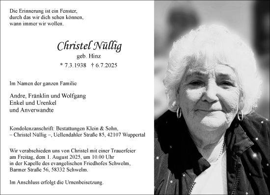 Traueranzeige von Christel Nüllig von trauer.wuppertaler-rundschau.de