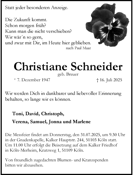 Traueranzeige von Christiane Schneider von trauer.wuppertaler-rundschau.de
