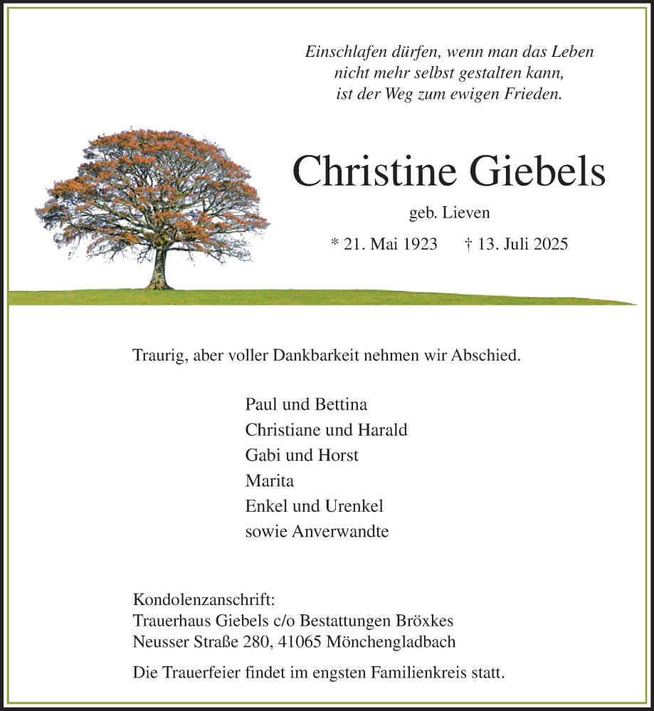  Traueranzeige für Christine Giebels vom 20.07.2025 aus trauer.extra-tipp-moenchengladbach.de