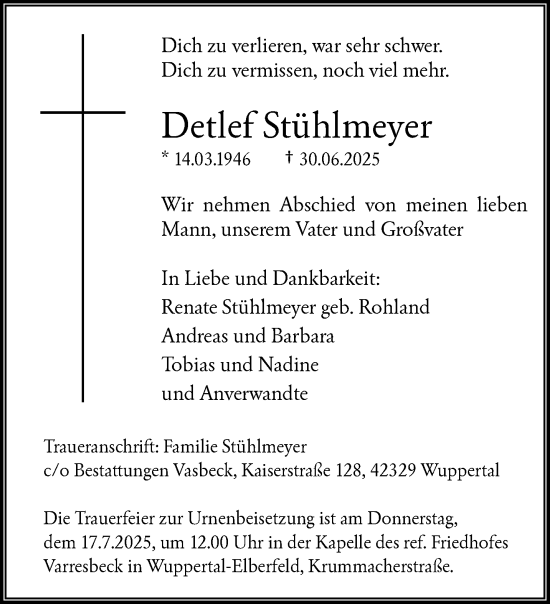 Traueranzeige von Detlef Stühlmeyer von trauer.wuppertaler-rundschau.de