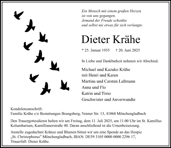 Traueranzeige von Dieter Krähe von trauer.extra-tipp-moenchengladbach.de