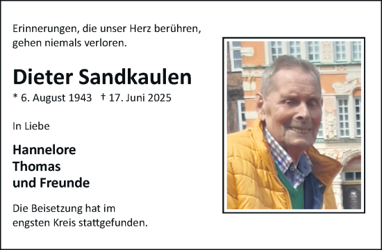 Traueranzeige von Dieter Sandkaulen von trauer.extra-tipp-moenchengladbach.de