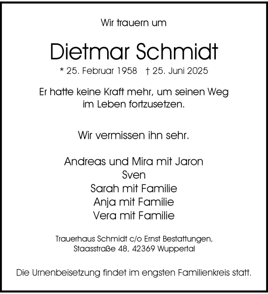Traueranzeige von Dietmar Schmidt von trauer.wuppertaler-rundschau.de