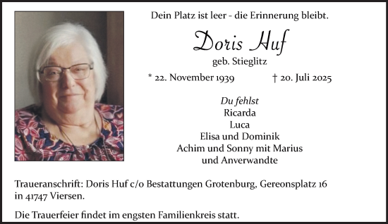 Traueranzeige von Doris Huf von trauer.extra-tipp-moenchengladbach.de