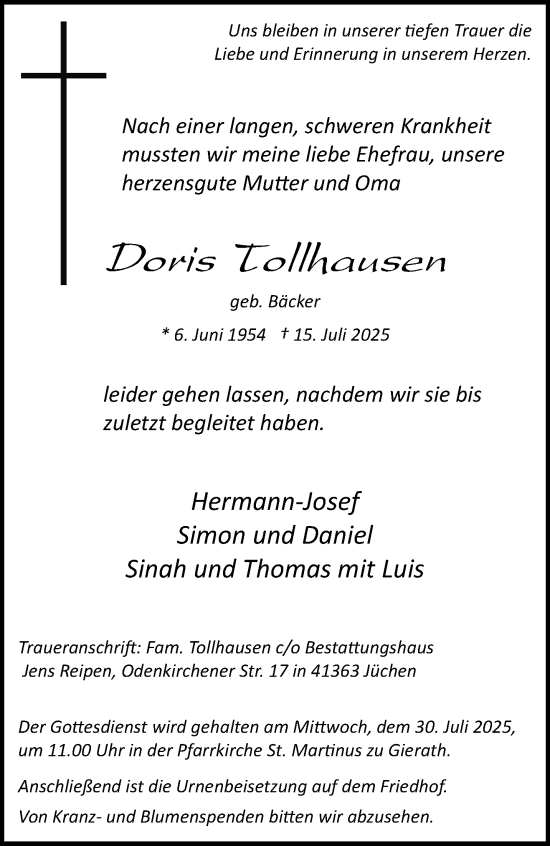 Traueranzeige von Doris Tollhausen von trauer.stadt-kurier.de