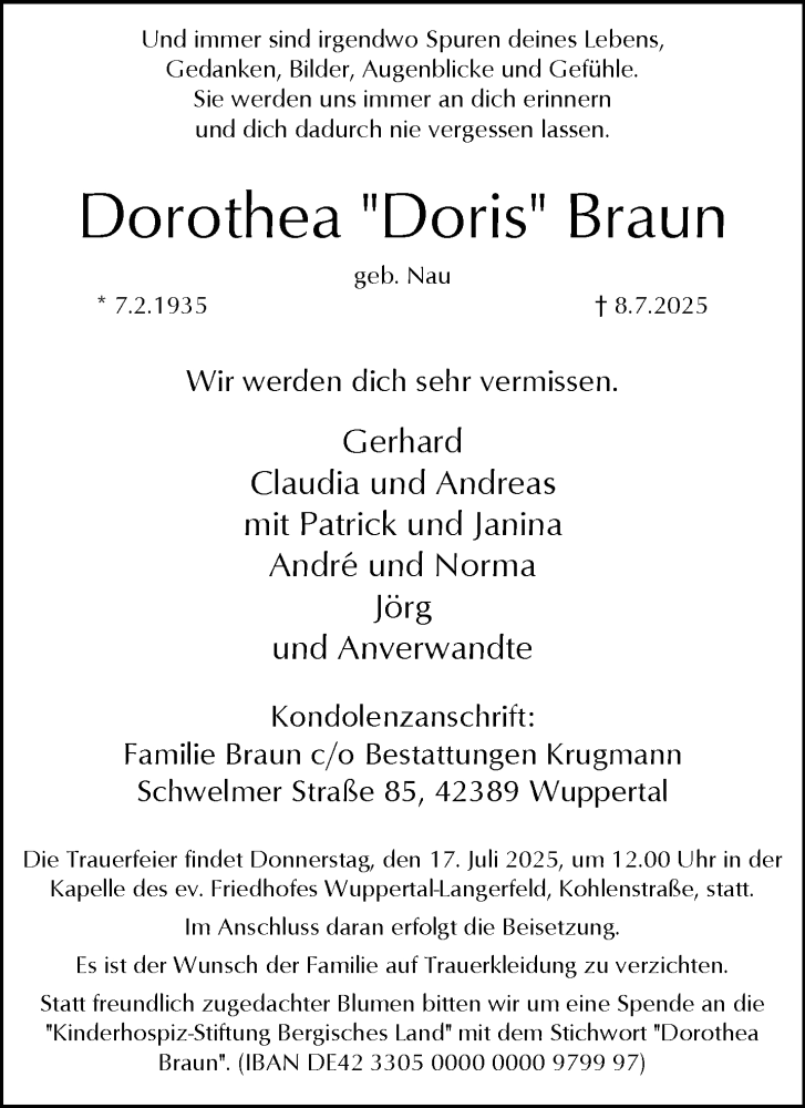  Traueranzeige für Dorothea Braun vom 12.07.2025 aus trauer.wuppertaler-rundschau.de