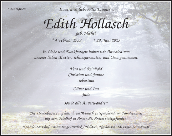 Traueranzeige von Edith Hollasch von trauer.extra-tipp-moenchengladbach.de