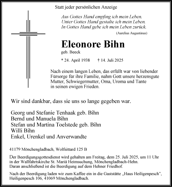 Traueranzeige von Eleonore Bihn von trauer.extra-tipp-moenchengladbach.de