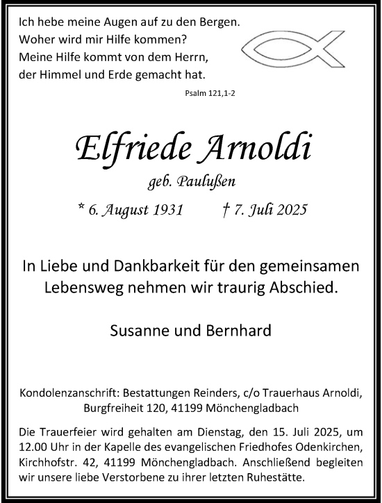 Traueranzeige von Elfriede Arnoldi von trauer.extra-tipp-moenchengladbach.de