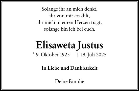 Traueranzeige von Elisaweta Justus von trauer.wuppertaler-rundschau.de