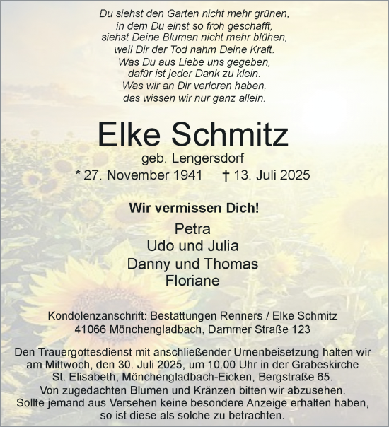 Traueranzeige von Elke Schmitz von trauer.extra-tipp-moenchengladbach.de